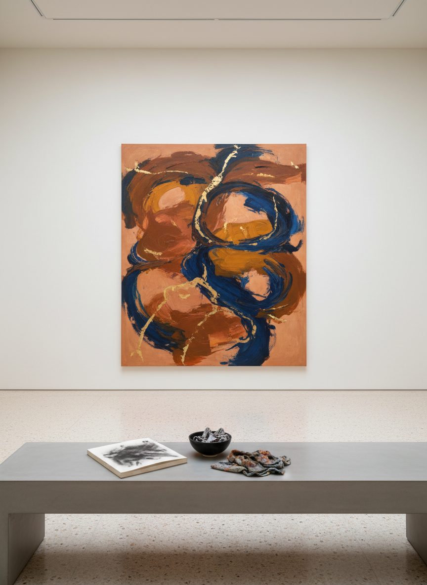 A minimalist, high-end gallery space featuring a single large-format contemporary painting by an unseen artist, dominated by rich earth tones, deep ultramarine, and delicate gold leaf accents. The artwork hangs perfectly centered on a pristine white wall, above a sleek concrete bench displaying a well‑worn sketchbook and a small, matte-black ceramic bowl containing paint-stained rags. Neutral-toned walls and a polished terrazzo floor reflect soft, even, museum-style lighting from concealed ceiling fixtures, casting a faint, refined glow around the painting’s edges. Photographic realism, eye-level composition using the rule of thirds, with generous negative space and sharp focus, conveying a serene, sophisticated, and contemplative mood suitable for a portfolio’s exhibition or “about the work” section.