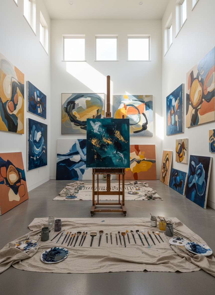A large, meticulously organized painting studio interior, with tall white walls covered in contemporary abstract canvases in deep blues, muted ochres, and elegant charcoal lines. In the center rests a substantial wooden easel holding a partially finished, sophisticated abstract painting with layered textures and subtle metallic accents. Heavy linen drop cloths drape across a polished concrete floor, scattered with neatly arranged high‑end brushes, glass jars of turpentine, and porcelain palettes thick with oil paint. Soft, diffused daylight enters from high clerestory windows, creating gentle reflections on the glossy paint and long, graceful shadows. Photographic realism, shot at eye level with a slightly wide lens, crisp focus throughout, conveying a calm, contemplative atmosphere suitable for a contemporary fine art portfolio homepage.