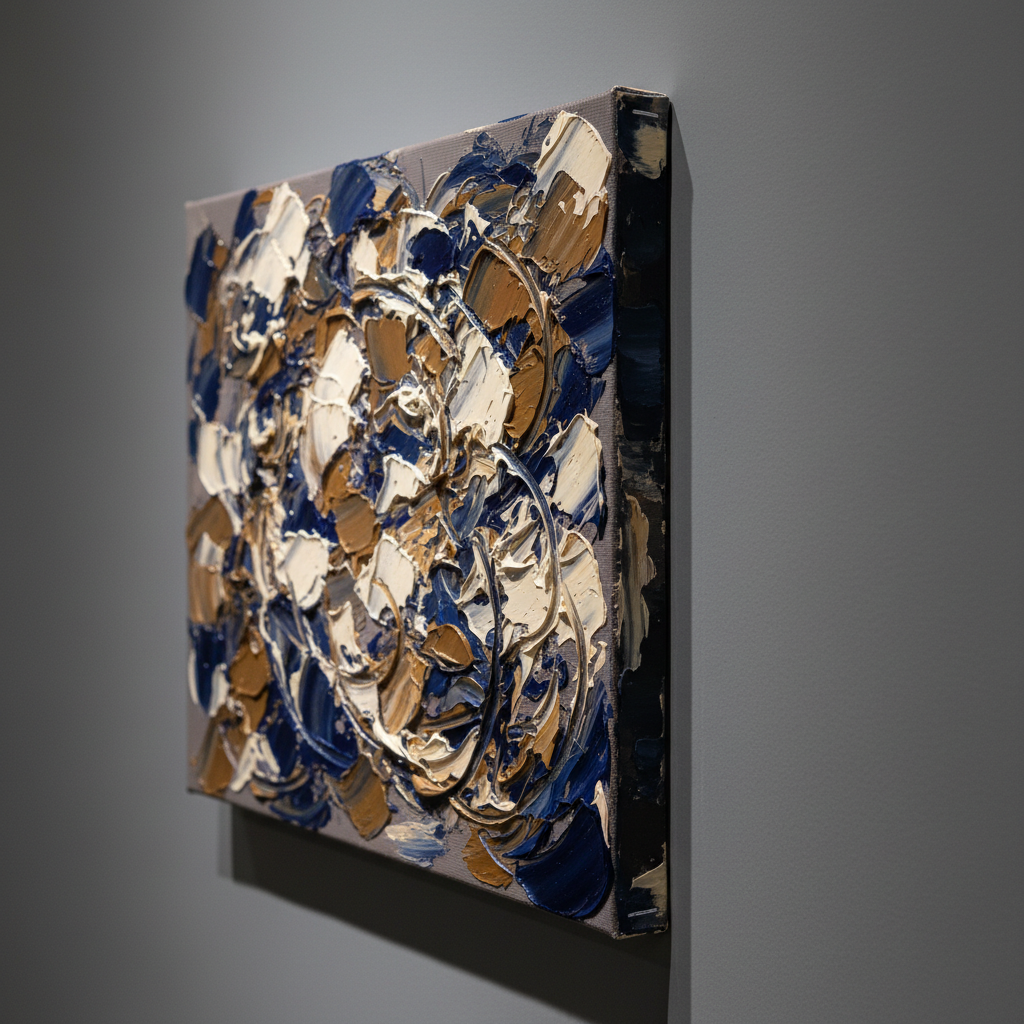 A close-up of a refined contemporary oil painting on stretched linen canvas, showing intricate impasto textures where a palette knife has carved elegant gestures of deep indigo, warm umber, and pale ivory. The canvas edge, with neatly stapled back and clean gallery wrap, is visible against a smooth, dark-grey gallery wall. Gentle, focused track lighting from above creates subtle highlights along the raised paint ridges and a soft halo around the artwork, while the background falls into a velvety blur. Photographic realism, shot from a slight side angle with shallow depth of field, evokes an intimate, sophisticated atmosphere, ideal for showcasing the quality and materiality of the artist’s work in a portfolio detail view.